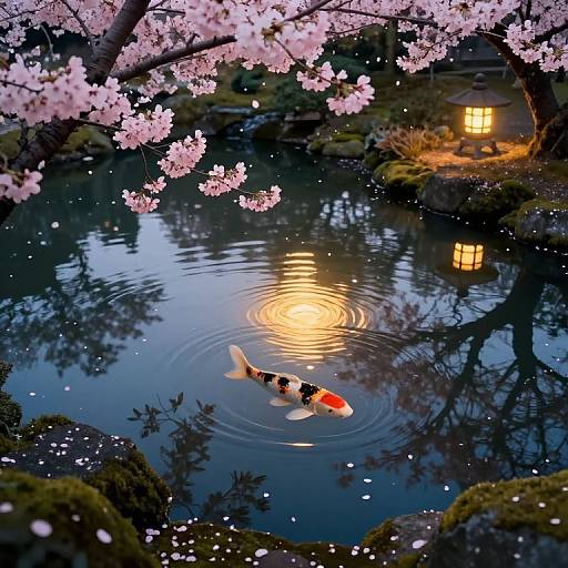 Photograph of a serene Japanese pond with a black-and-white koi fish with red markings, cherry blossoms overhead, and illuminated traditional houses reflected in