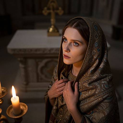Photograph of a solemn, pale-skinned woman with blue eyes, wearing an ornate, patterned brown headscarf, hands clasped,