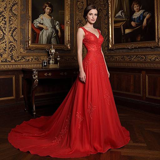 Photograph of a woman in a vibrant red, lace-embellished, V-neck, full-length gown, standing in an ornately decorated,