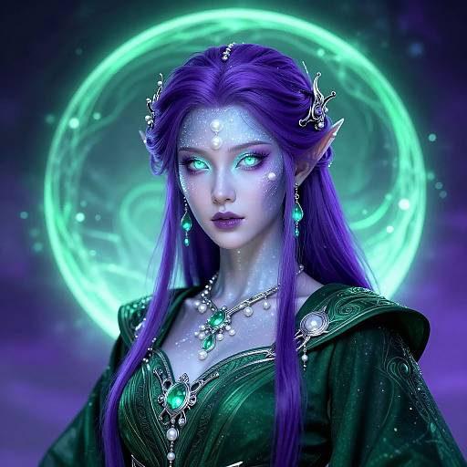 Digital fantasy artwork of a blue-skinned, elf woman with long purple hair, glowing teal eyes, and intricate jewelry, set against a luminous green