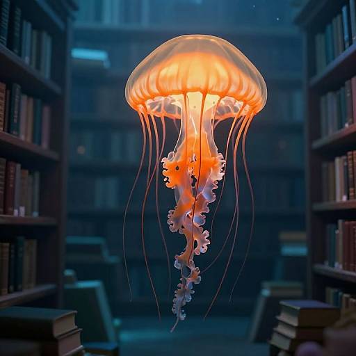 Photograph of a glowing, orange jellyfish with translucent, flowing tentacles in a dimly lit, blue-hued library aisle. Shelves filled