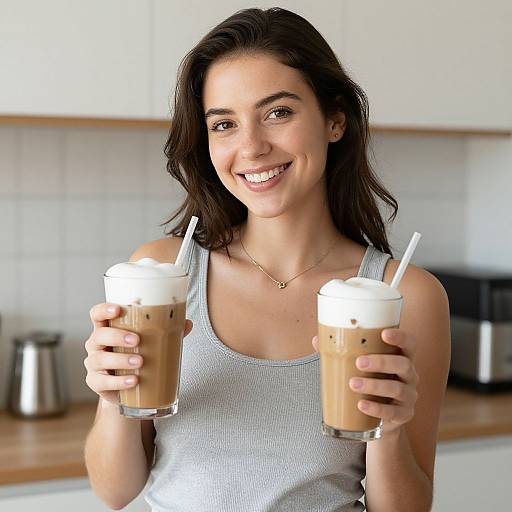 Smiling brunette woman in a gray tank top holds two iced coffee drinks with whipped cream in a bright kitchen. Photorealistic photograph.