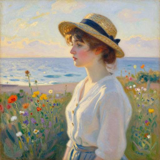 Impressionist painting of a fair-skinned woman in a straw hat and white blouse, standing in a colorful flower field by the ocean at sunset.