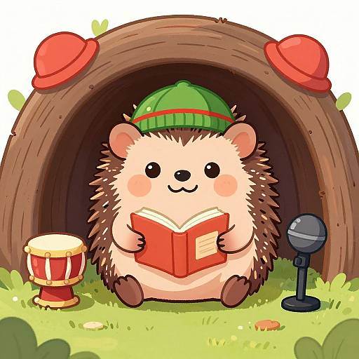Cute digital drawing of a chubby, smiling hedgehog with green hat, reading a red book inside a wooden tunnel. Red drum and black microphone on