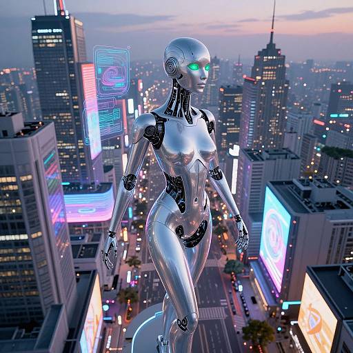 CGI image of a shiny, silver, humanoid robot with green eyes, standing in a futuristic, neon-lit cityscape at dusk.
