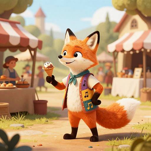 Cheerful Fox Bard in Medieval Market