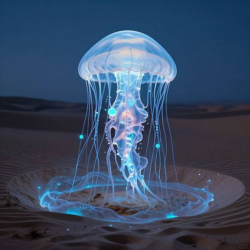 Photograph of a glowing blue jellyfish with translucent tentacles, illuminated against a dark, sandy ocean background at night.