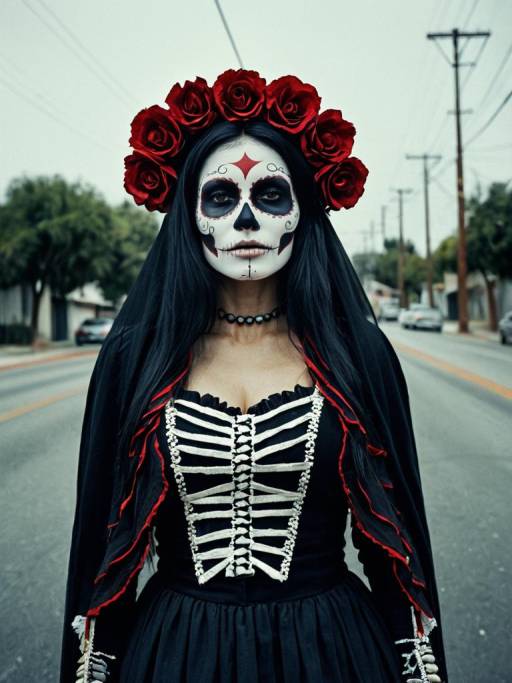 Woman in La Muerte Costume with Skull Makeup