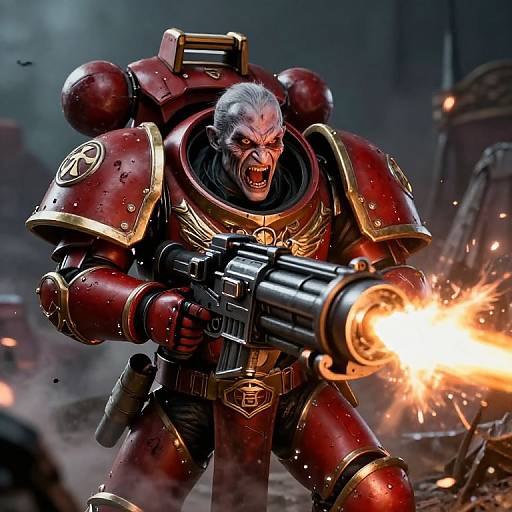 CGI image of an angry, elderly, white-haired man in red and gold armored suit, firing a large, blazing gun in a smoky,