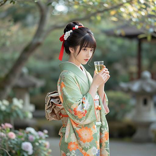 Photograph of an Asian woman in a green floral kimono, red hair ribbon, and flower hairpiece, holding a glass of sake, standing in