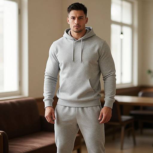 Confident Man in Cozy Grey Hoodie