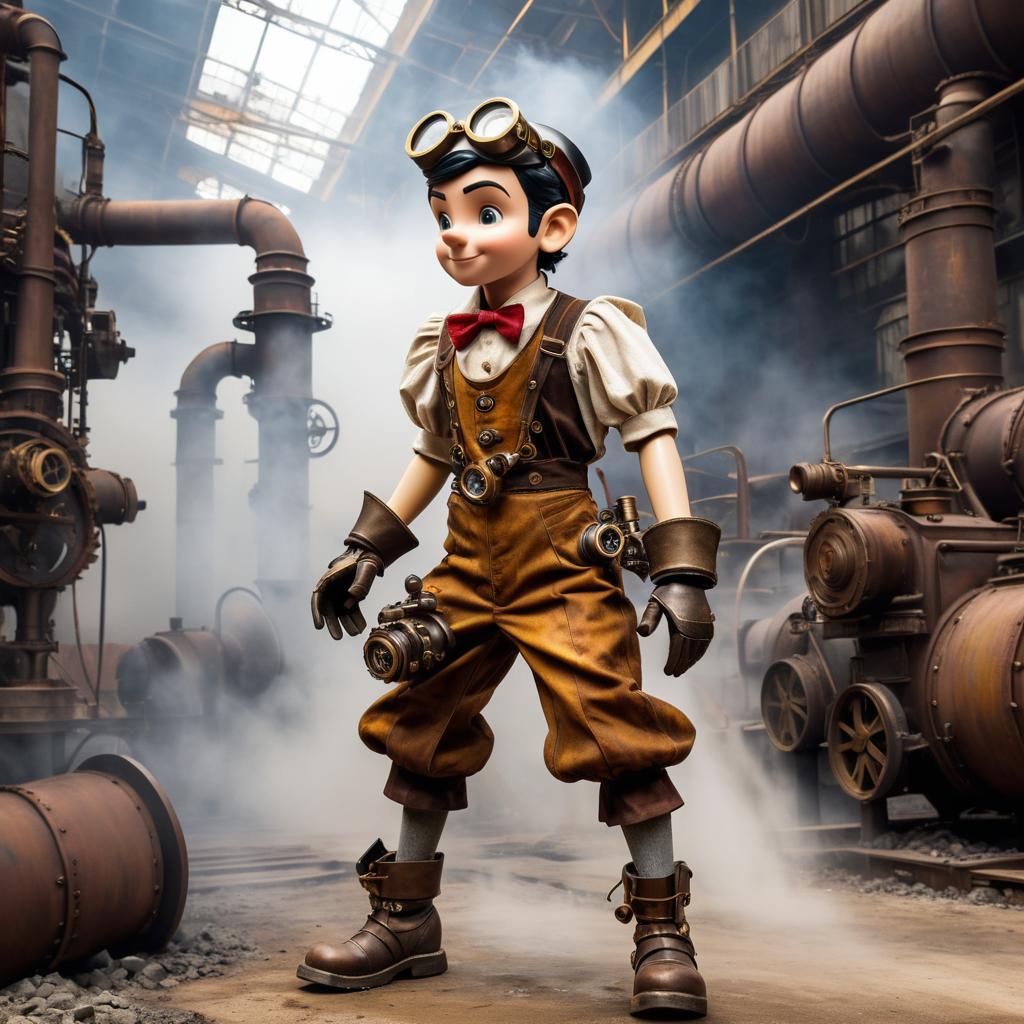 Steampunk Pinocchio in a Factory Landscape