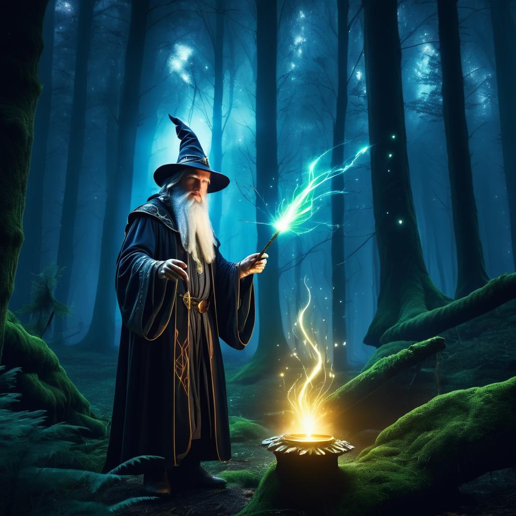 Epic Wizard Casting Spells in Forest