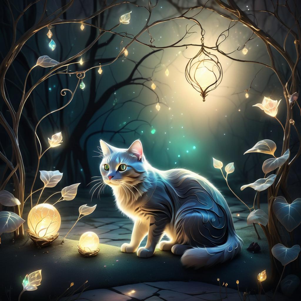 Whimsical Cat in a Glowing Garden