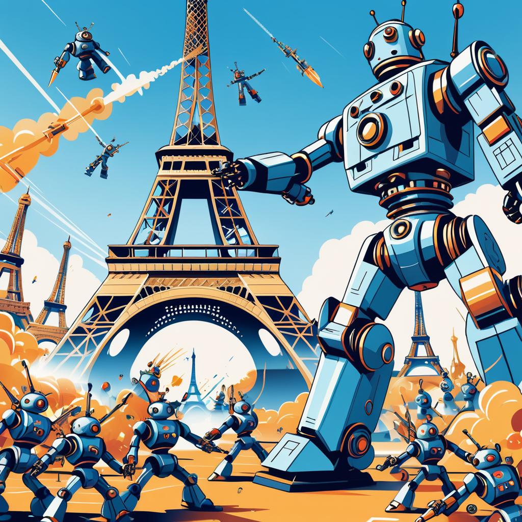 Humorous Robots Assaulting the Eiffel Tower