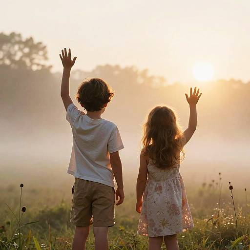 Children Waving in Dreamy Morning Mist