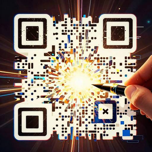 Photograph of a hand touching a bright, explosive QR code with white squares and black crosses, surrounded by digital dots and lines in a dark, star