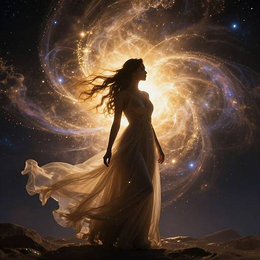 Silhouetted woman in flowing dress stands against a glowing, swirling cosmic background, with stars and nebulae, in a digital art style.