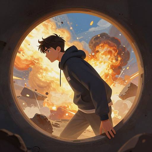 Anime-style digital drawing of a black-haired boy in a hoodie peering through a circular window at a fiery, explosive sky.