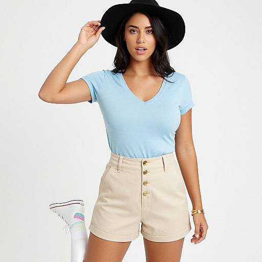 Photograph of a young woman with light brown skin, wearing a black wide-brimmed hat, light blue V-neck top, and beige button-front