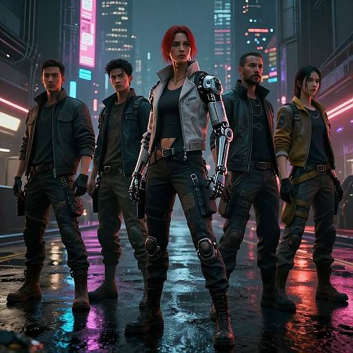 Cyberpunk Team in Futuristic City at Night