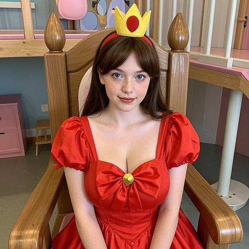 Photograph of a fair-skinned young woman with long brown hair, wearing a red Disney Princess dress, yellow crown, and red headband, seated