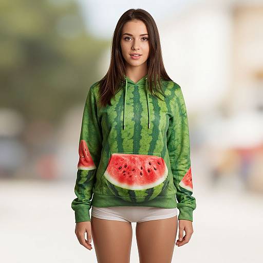 Photograph of a young woman with straight brown hair, wearing a green watermelon-patterned hoodie with large watermelon slice graphics, and white shorts,