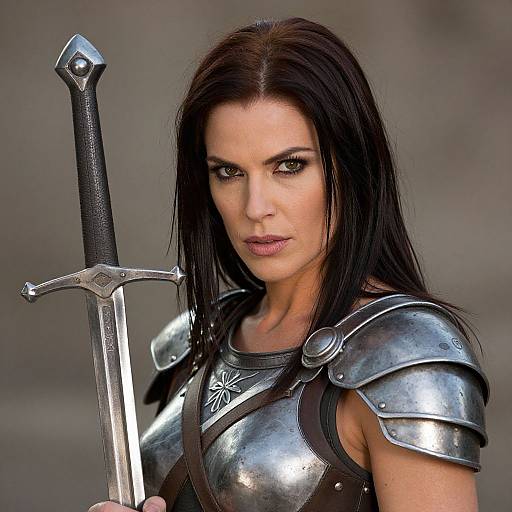 Photograph of a fierce, dark-haired woman in silver armor holding a sword, with intense eyes and a serious expression.
