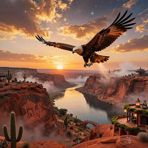 Majestic Eagle Soaring Above Red Desert Canyons at Sunset