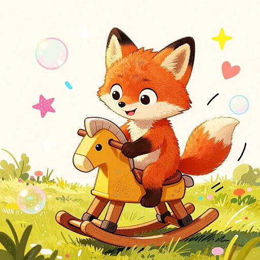 Playful Red Fox Cub on Rocking Horse