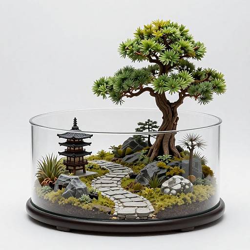 Photograph of a miniature Japanese garden in a clear glass dome, featuring a pine tree, pagoda, stone pathway, rocks, and moss.