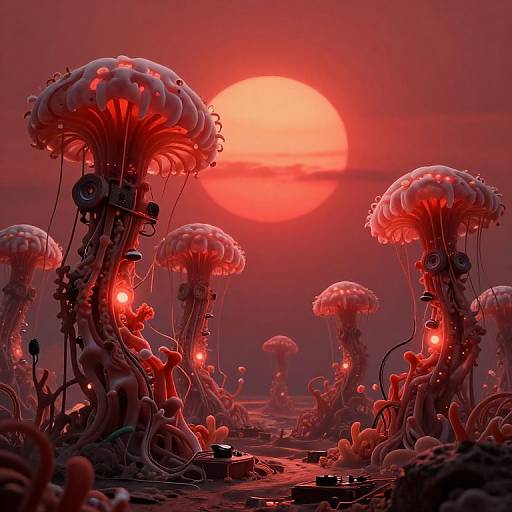 Digital artwork of a surreal, red-lit alien landscape with glowing, tentacled jellyfish-like creatures under a large, vibrant red sun. The