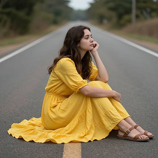 Photograph of a brunette woman with fair skin, sitting on a deserted road in a yellow dress, thinking with her chin on her hand, wearing brown