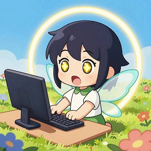 Chibi-style digital drawing of a fairy girl with black hair, yellow eyes, and translucent wings, typing on a laptop in a grassy field with