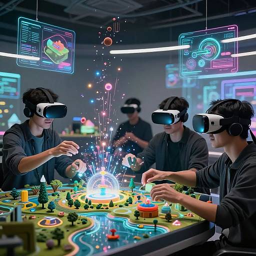 Four young men in VR headsets interact with a glowing, illuminated digital tabletop game in a futuristic, neon-lit lab.