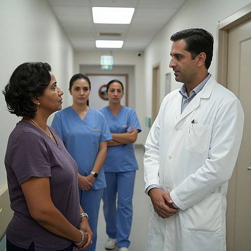 Photograph of a hospital hallway: Latina woman in purple shirt faces male doctor in white lab coat, two nurses in blue scrubs stand in background.