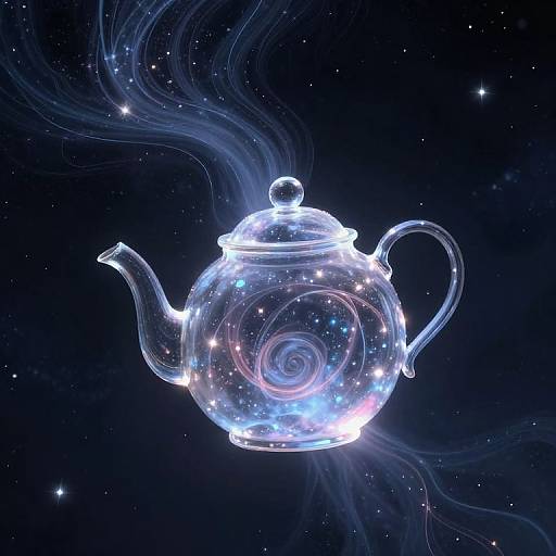 Glowing, translucent teapot with swirling stars inside, floating in a dark, starry space. Digital artwork with ethereal, cosmic vibes.