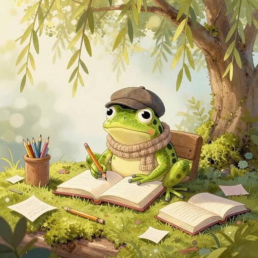 Illustration of a green frog wearing a flat cap and scarf, writing in an open book under a sunny tree, surrounded by pencils, papers, and