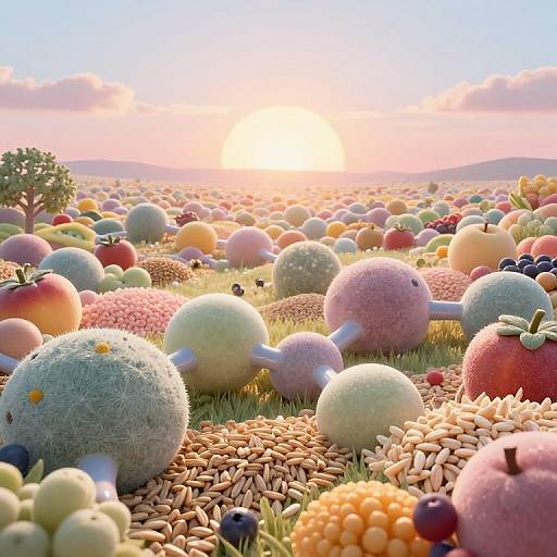 Photorealistic CGI of a vibrant, colorful fruit field at sunset, filled with fuzzy, spherical fruits in pastel colors, surrounded by grass, seeds
