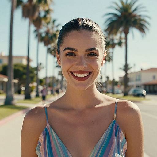 Photograph of a smiling young woman with fair skin, brown hair in a bun, wearing a colorful striped sundress, standing in a sunny, palm