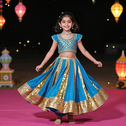 Photograph of a smiling Indian woman in a vibrant blue and gold traditional lehenga, adorned with intricate embroidery, dancing on a pink runway with hanging lantern