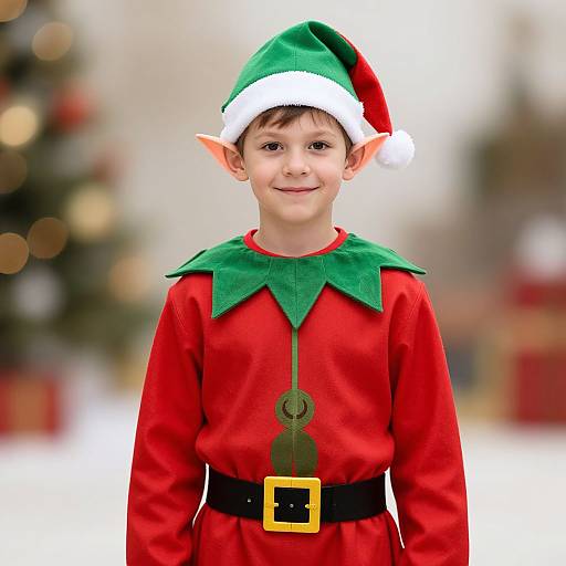 Photograph of a young boy with pointed elf ears, wearing a green hat, red shirt, and black belt, smiling in a festive, blurred Christmas