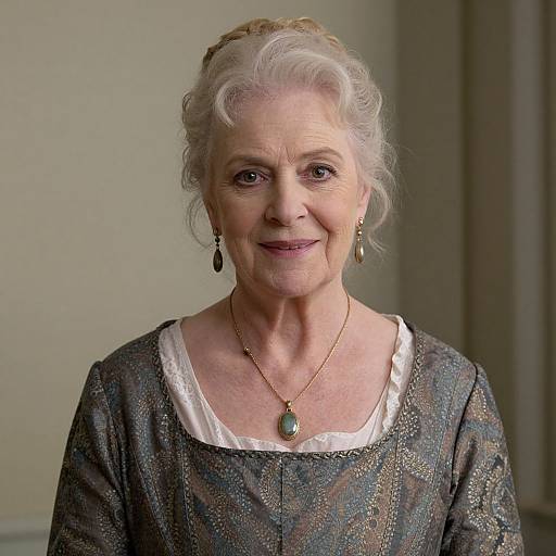 Photograph of an elderly Caucasian woman with white hair, wearing a patterned gray blouse over a white lace-trimmed top, gold necklace, and