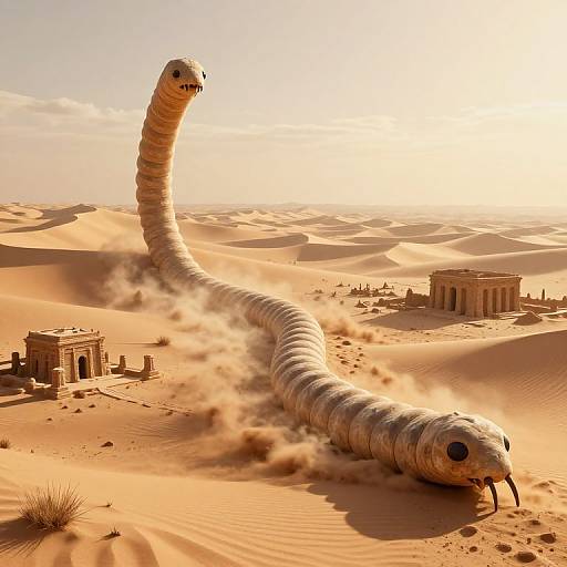 CGI image of a giant, segmented worm with a snake-like head emerging from desert sand, moving towards ancient Egyptian ruins under a bright, sunlit