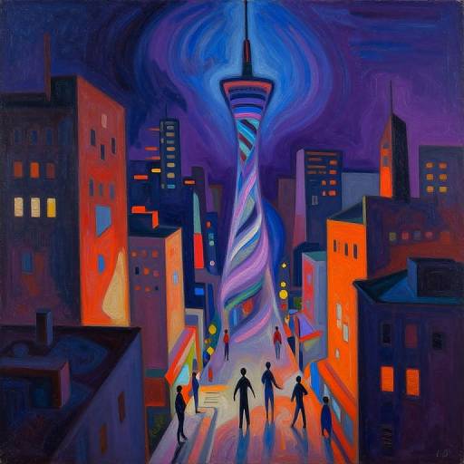 Vibrant, surreal painting of a cityscape with swirling blue lights around a tall, spiral tower, surrounded by red and orange buildings and silhou