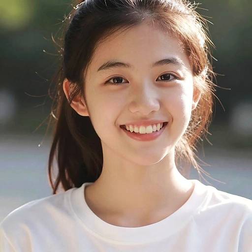 Photograph of a smiling young Asian woman with straight brown hair, wearing a white shirt, sunlight illuminating her face, and a blurred green background.