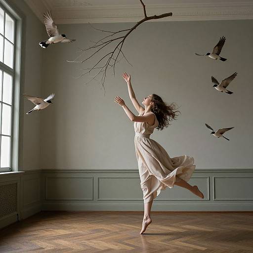 Photograph of a graceful woman in a flowing white dress, barefoot, reaching up at birds perched on a bare tree branch in a sunlit