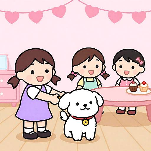 Playful Kids and Dog in Cute Room