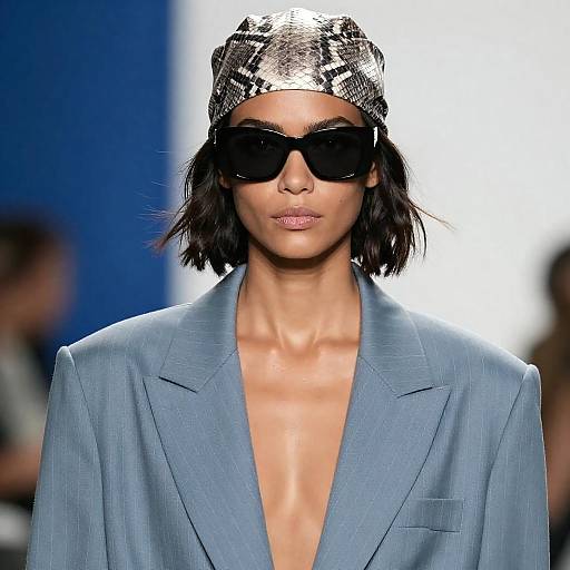 Fashion Model in Light Blue Pinstriped Blazer and Snake-Skin Headband