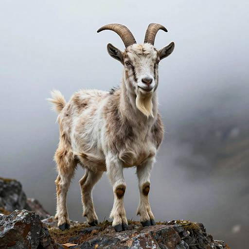 Photograph of a white and brown mountain goat with curved horns standing on a rocky cliff, misty background, looking directly at the camera.